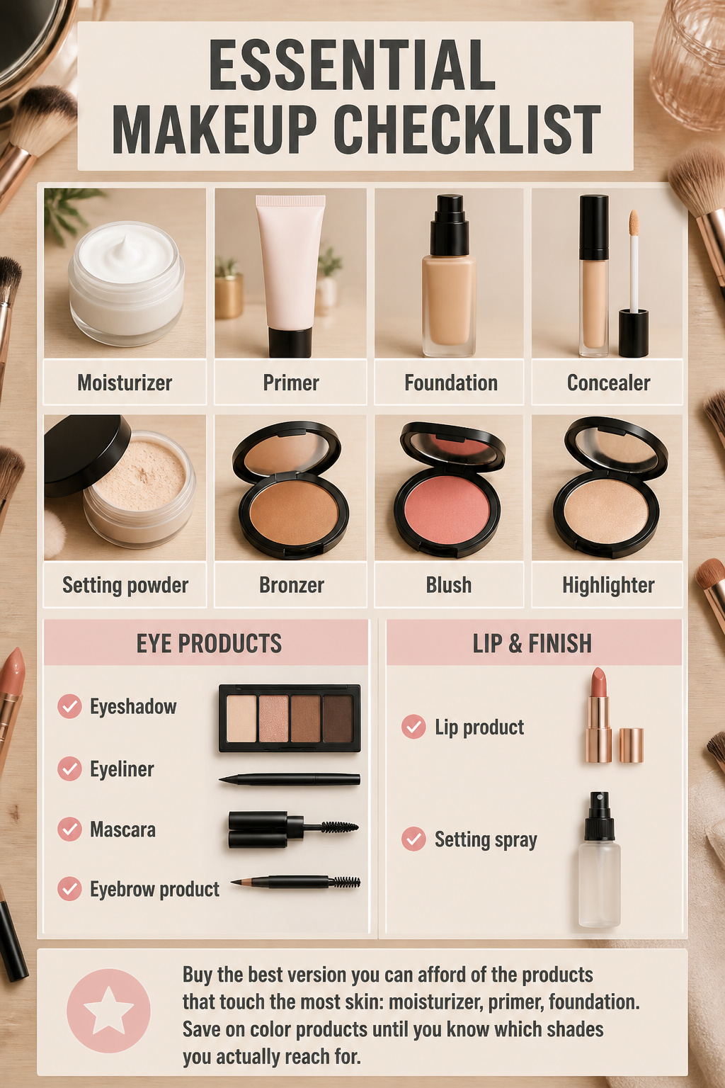 Makeup Tutorials for Beginners: 10-Step Application Guide 2026 11 Checklist of essential makeup products on a flat surface.