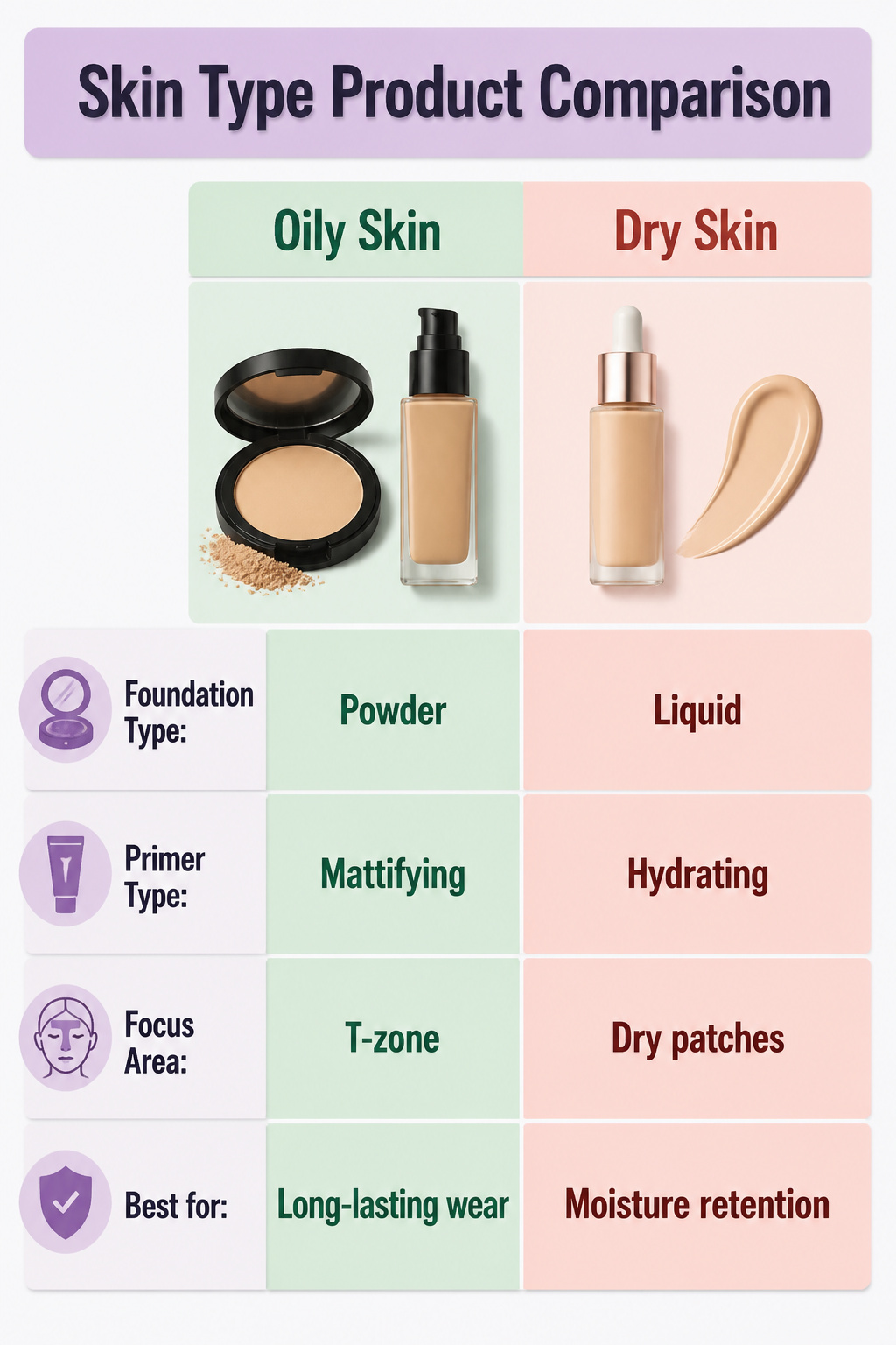 Makeup Tutorials for Beginners: 10-Step Application Guide 2026 12 Visual comparison of makeup products for various skin types.