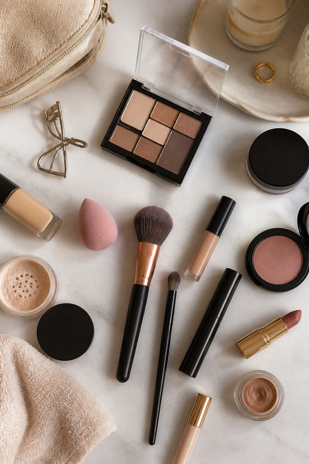 Makeup Tutorials for Beginners: 10-Step Application Guide 2026 13 Makeup tools including sponges and brushes displayed on a surface.
