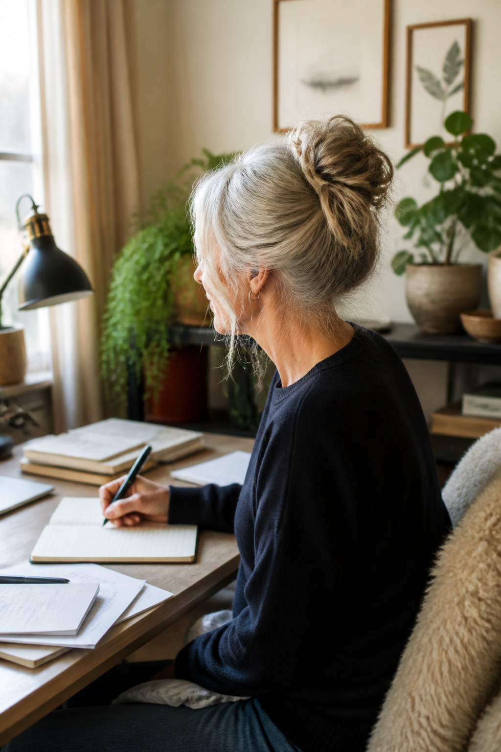 20 Medium Hairstyles for Women Over 60 (2026 Guide) 16 A woman with a messy high bun in a cozy home office.