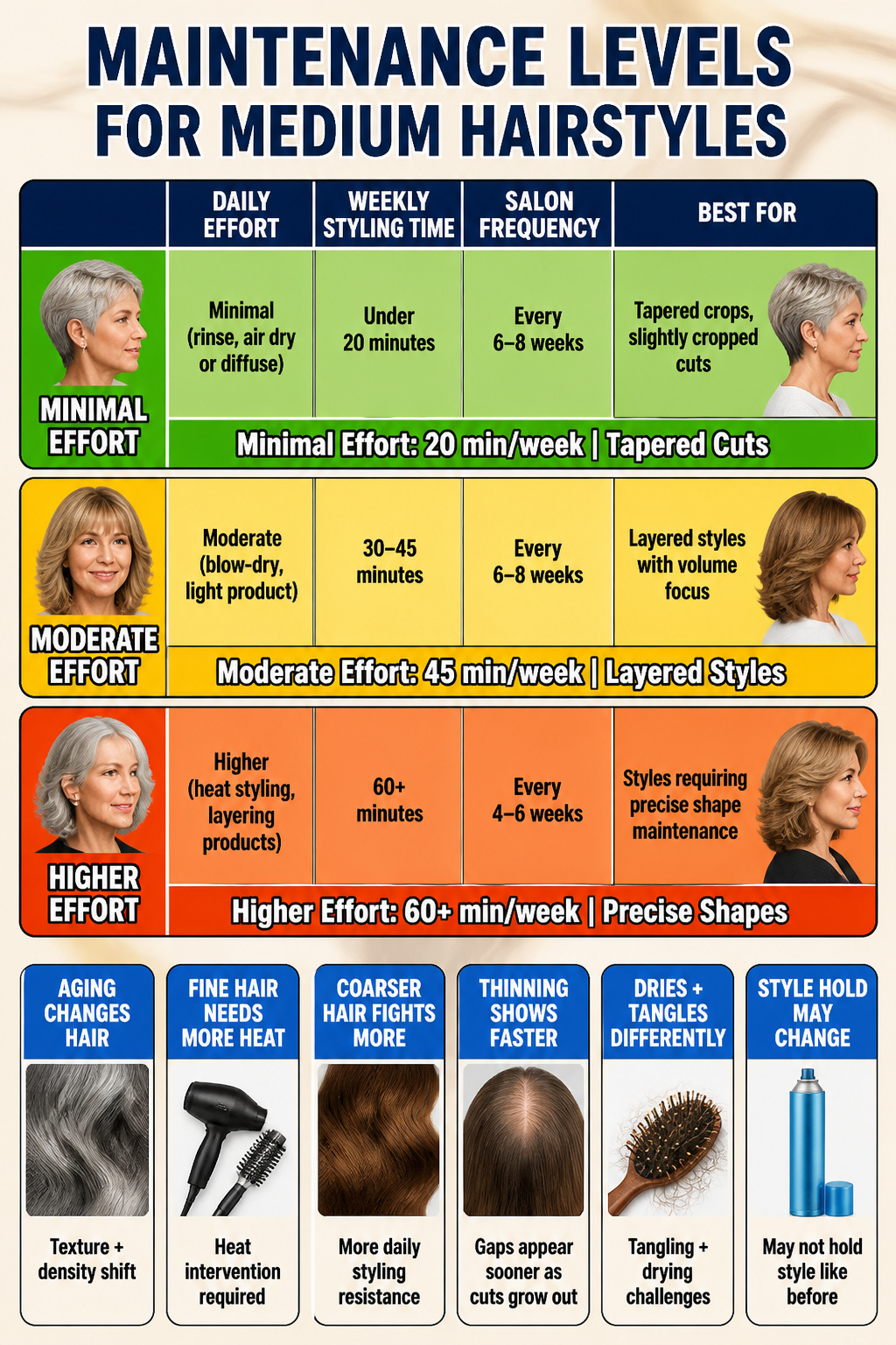 20 Medium Hairstyles for Women Over 60 (2026 Guide) 22 A chart displaying maintenance levels for medium hairstyles.