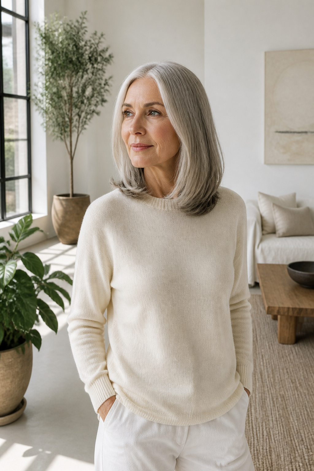20 Medium Hairstyles for Women Over 60 (2026 Guide) 5 A woman with a bold center part in a minimalist studio.