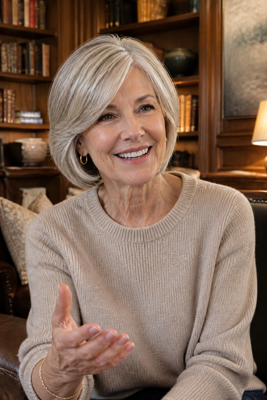 20 Medium Hairstyles for Women Over 60 (2026 Guide) 7 A woman with face-framing layers in a decorated library.