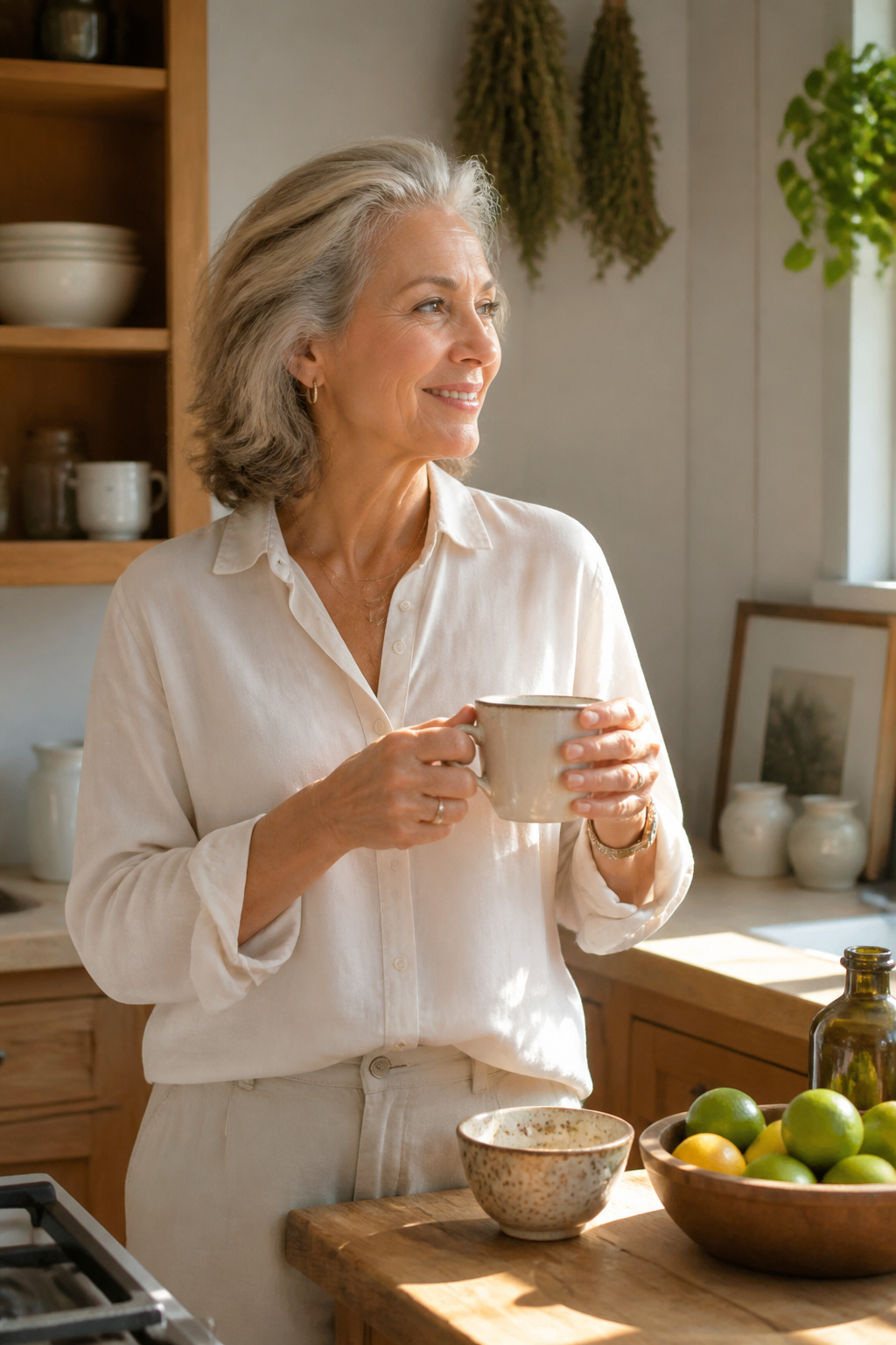 20 Medium Hairstyles for Women Over 60 (2026 Guide) 8 A woman with a loose push-back hairstyle in a sunlit kitchen.