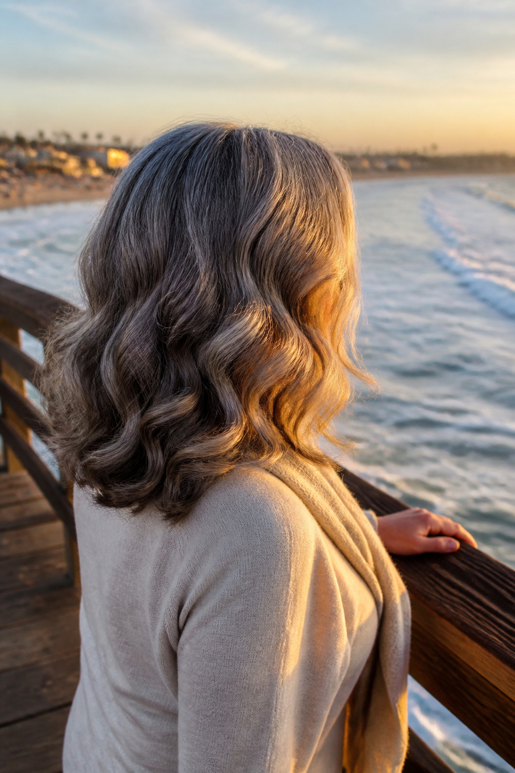 20 Medium Hairstyles for Women Over 60 (2026 Guide) 9 A woman with mermaid waves at a beachside pier during sunset.