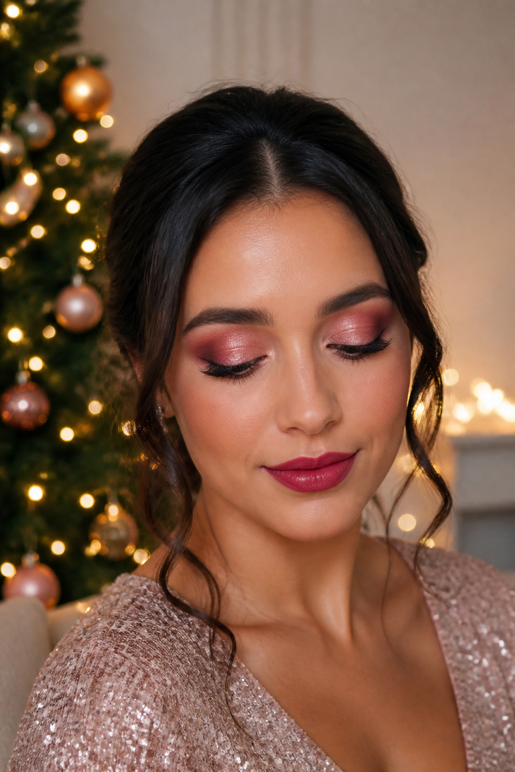 Model with shimmering pink eye makeup and deep rose lipstick.