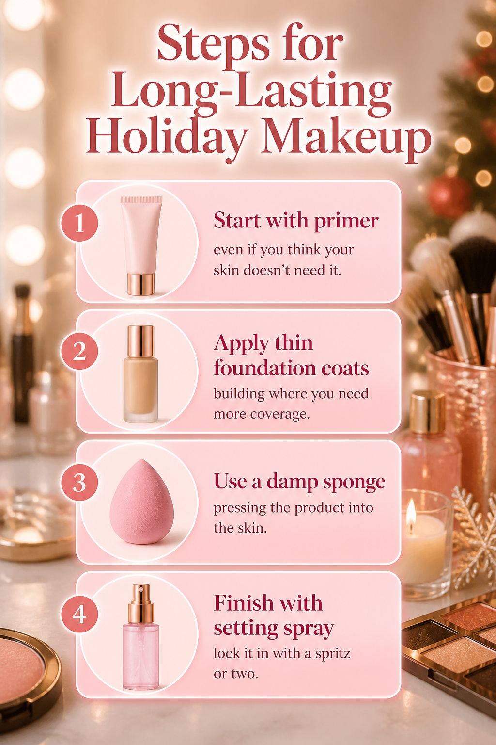 Information image detailing steps for long-lasting holiday makeup.
