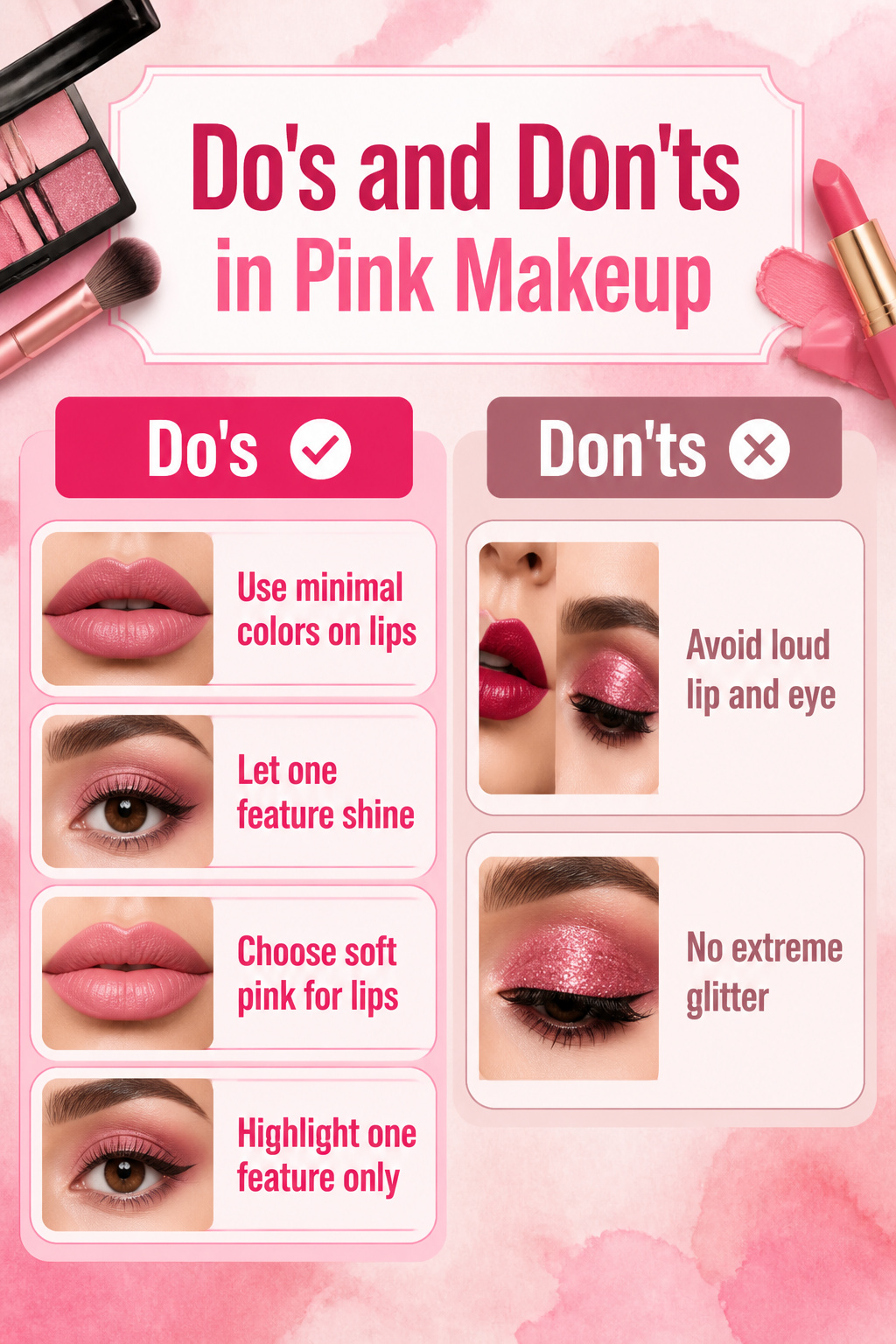 Information image showing tips for layering pink makeup effectively.