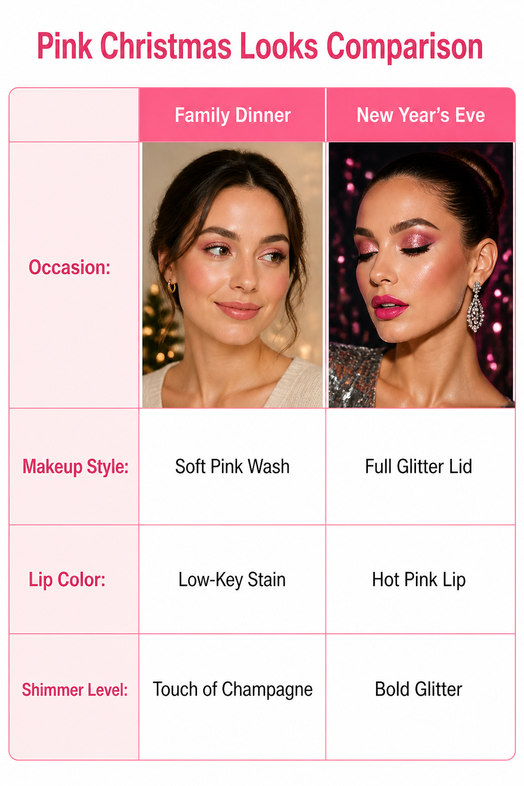 Information image comparing different pink Christmas makeup looks.