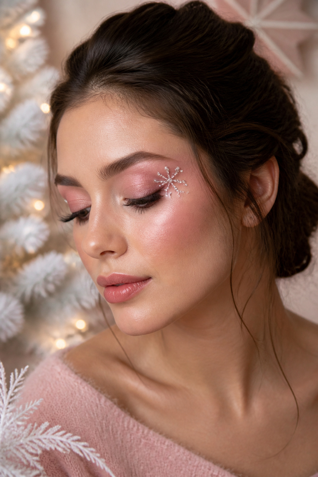 Model with pink eyeshadow and crystals at the outer corners.