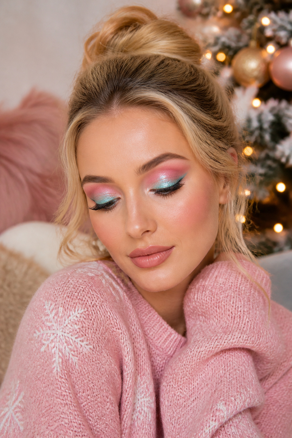 Model with icy blue eyeshadow and soft pink in the crease.