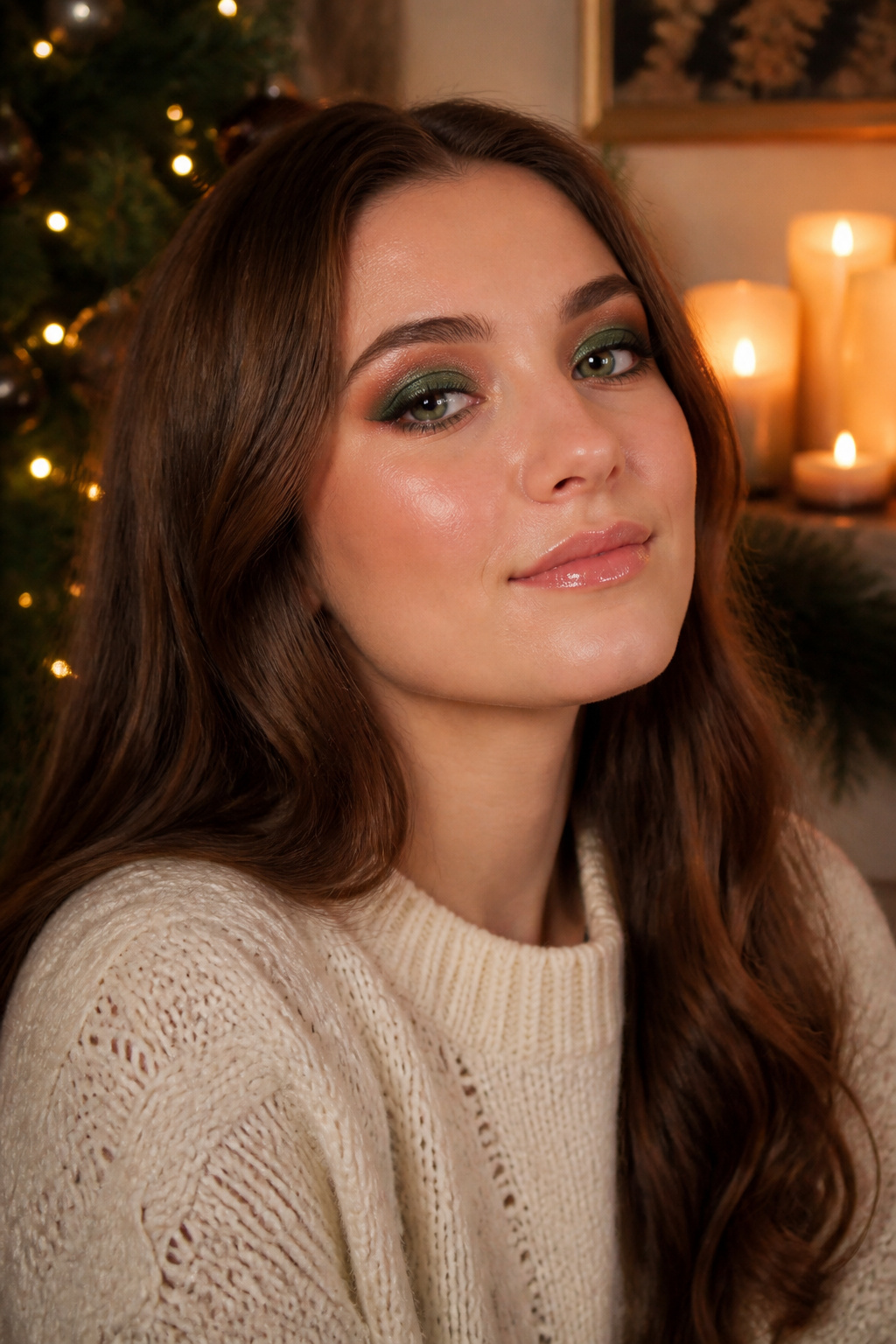 Model with emerald green eyeshadow and bronze blended in the crease.