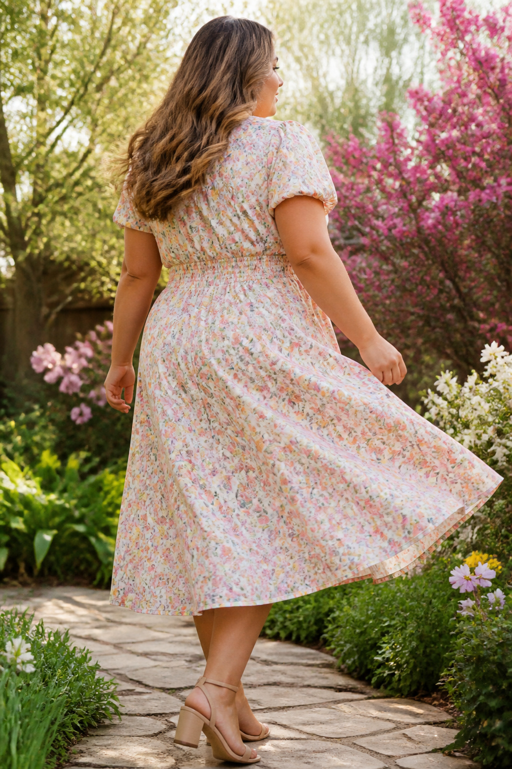 Plus Size Spring Outfits: What to Wear This 2026 Season 1 A model wearing a floral midi dress with a defined waist.
