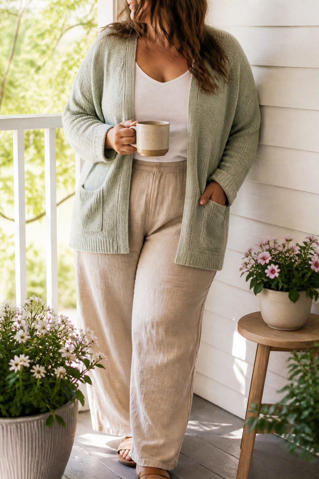 Plus Size Spring Outfits: What to Wear This 2026 Season 2 A model in a cotton-linen cardigan on a sunlit porch.