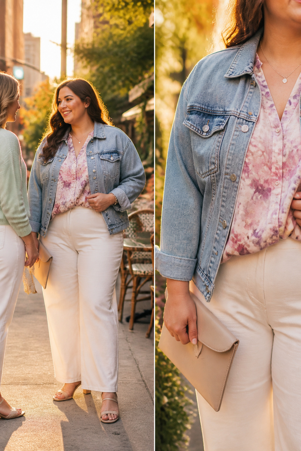 Plus Size Spring Outfits: What to Wear This 2026 Season 7 A model in a denim jacket with a medium wash and slight fading.