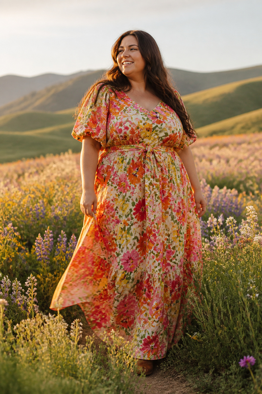 Plus Size Spring Outfits: What to Wear This 2026 Season 8 A model in a bold floral dress amidst wildflowers.