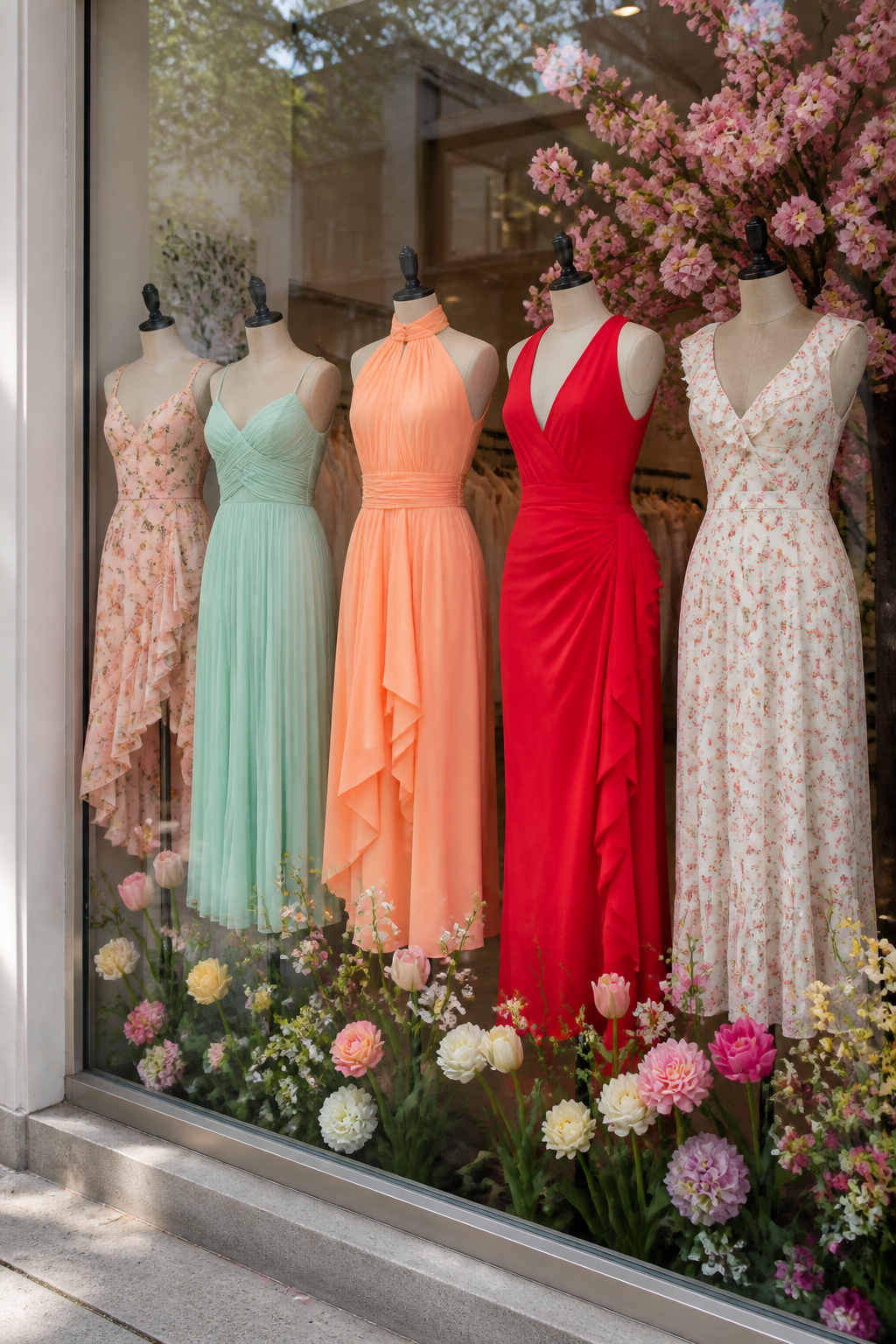 Spring Dresses for Women: Styles for 2026 12 Dresses in pastel and bright colors arranged in a boutique.