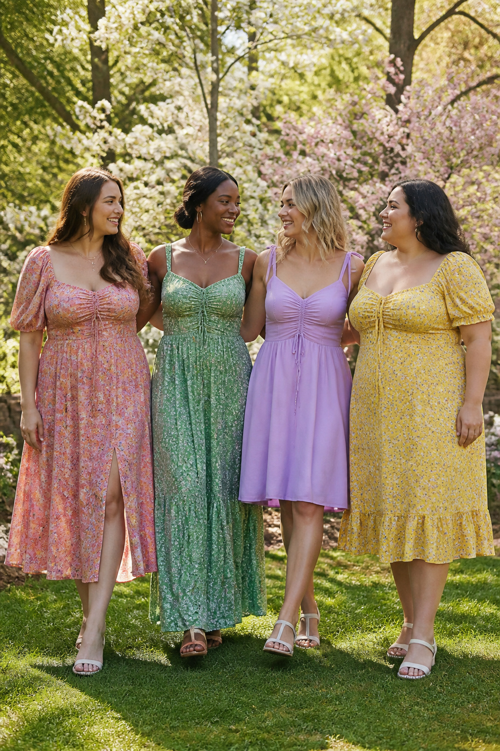 Spring Dresses for Women: Styles for 2026 15 A diverse group of models in size-inclusive spring dresses.