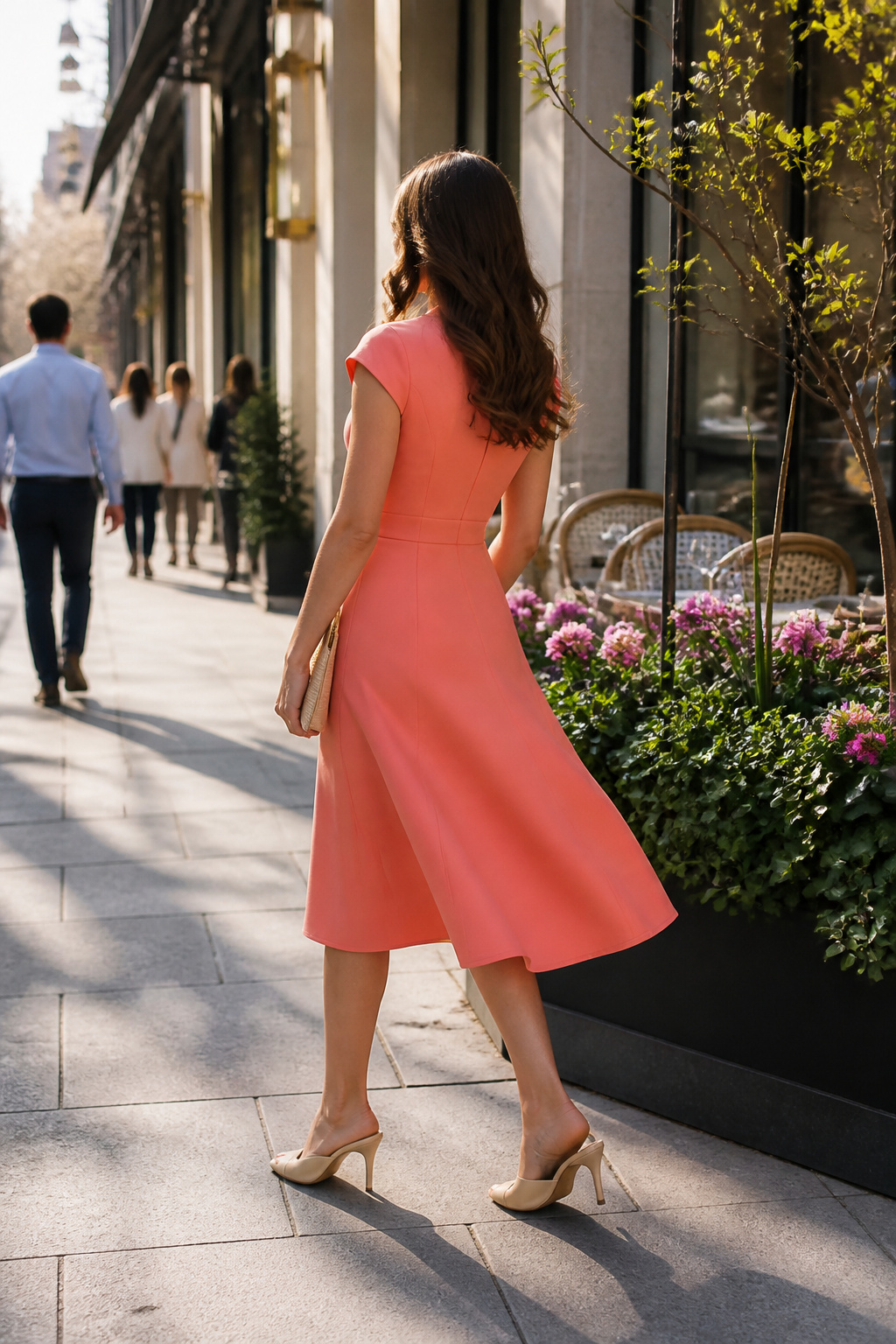 Spring Dresses for Women: Styles for 2026 3 A model in a stylish midi dress walking in an urban setting.
