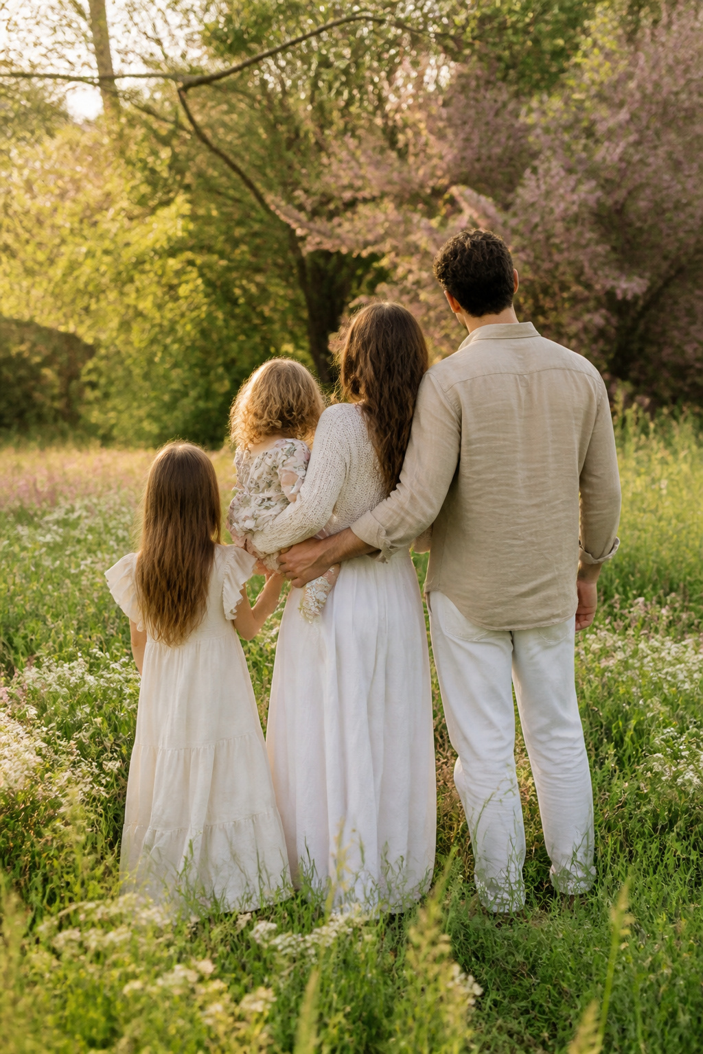 7 Spring Family Pictures Outfit Ideas for 2026 1 Family in light neutral-toned outfits stands in a lush wildflower meadow.