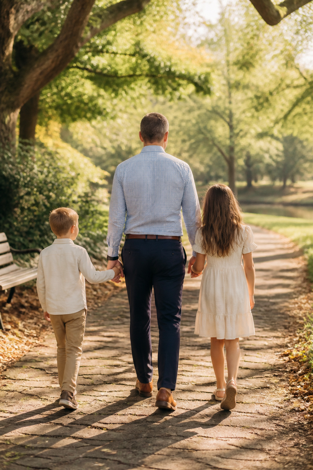7 Spring Family Pictures Outfit Ideas for 2026 10 Father in light blue gingham shirt and dark blue pants in a park.