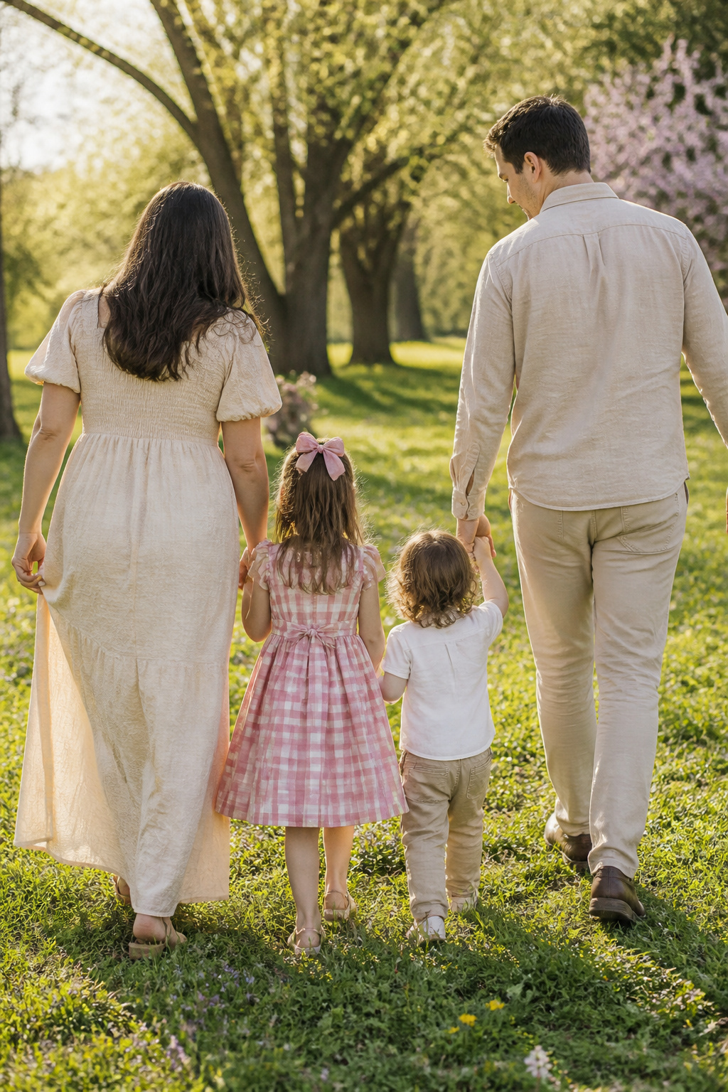 7 Spring Family Pictures Outfit Ideas for 2026 4 Child in a pink gingham dress stands with parents in solid neutral outfits.