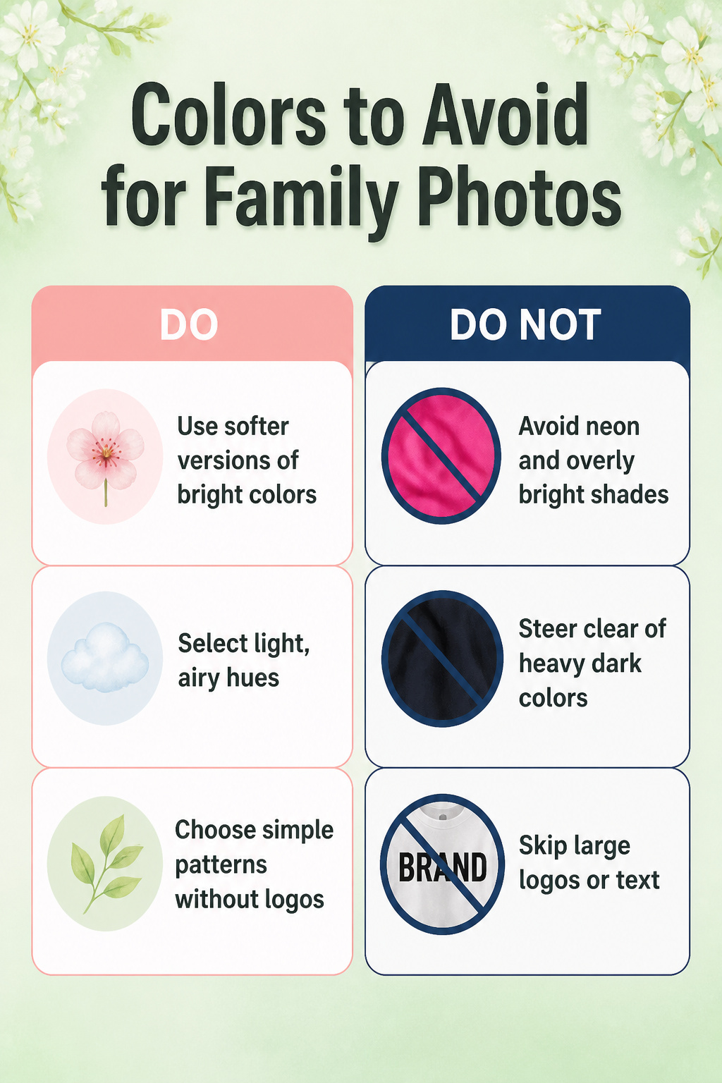 7 Spring Family Pictures Outfit Ideas for 2026 8 Information image listing colors to avoid for family photos.