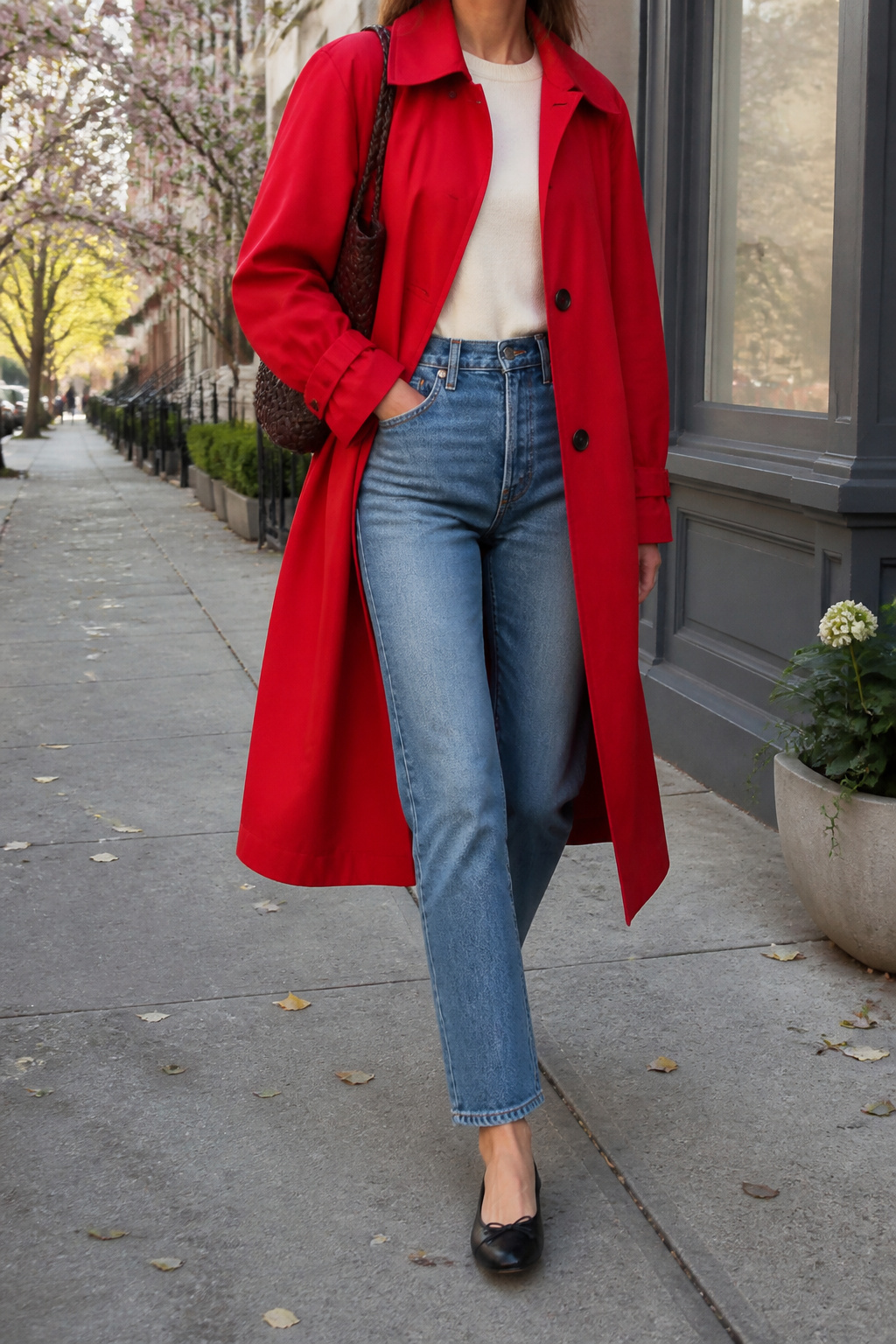 34 Spring Outfits to Copy for Warmer Weather in 2026 1 Model wearing a red trench coat over jeans and ballet flats.