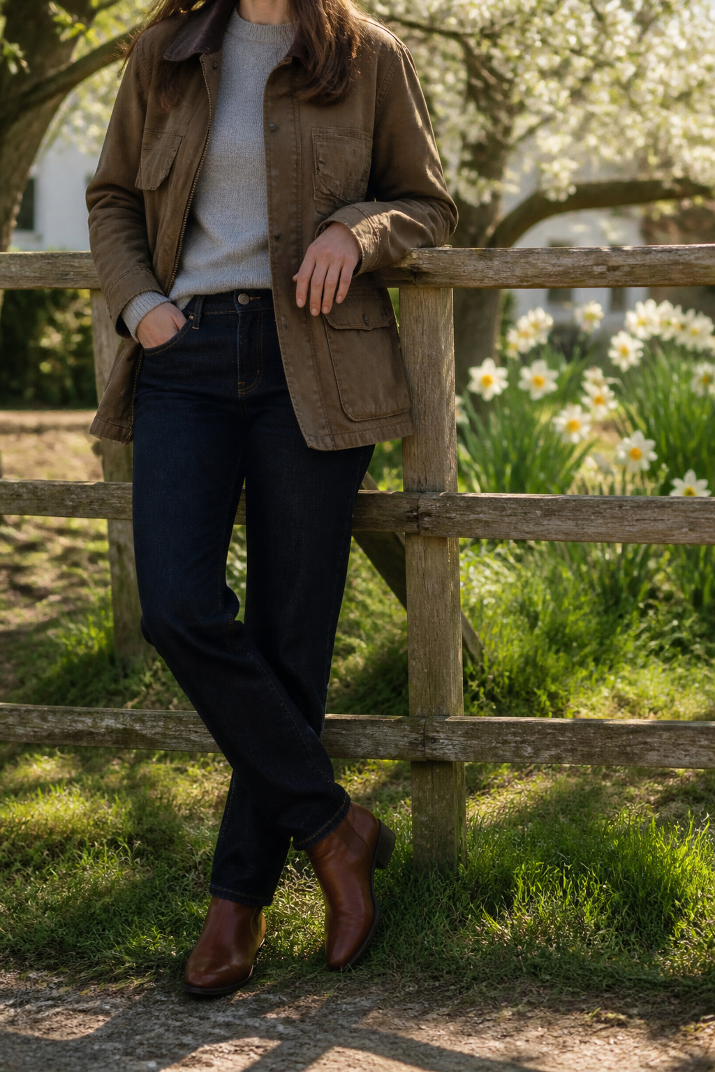 34 Spring Outfits to Copy for Warmer Weather in 2026 10 Model wearing a barn jacket with a sweater and jeans by a fence.