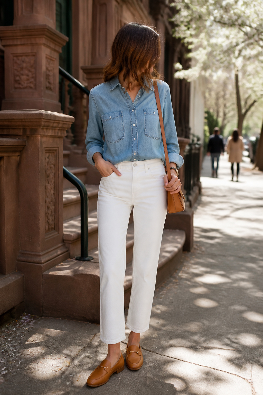 34 Spring Outfits to Copy for Warmer Weather in 2026 12 Model wearing a denim shirt with white jeans and tan loafers.