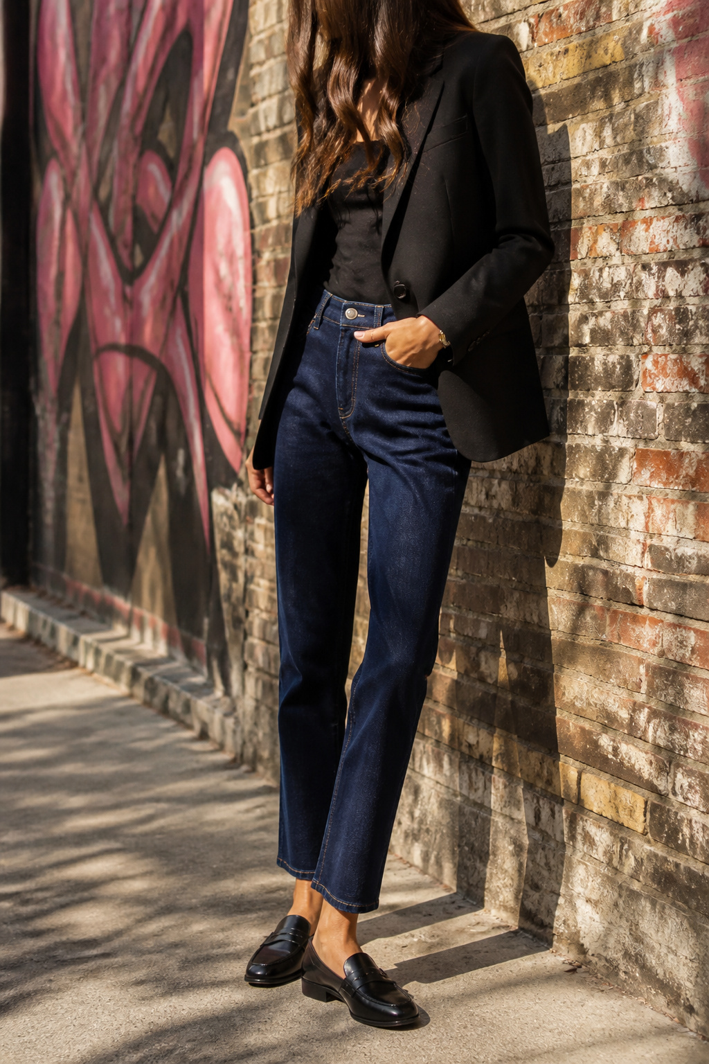 34 Spring Outfits to Copy for Warmer Weather in 2026 13 Model in a black blazer and jeans standing against a brick wall.