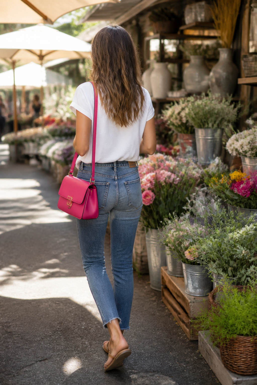 34 Spring Outfits to Copy for Warmer Weather in 2026 14 Model wearing a white tee and jeans with a vibrant bag.