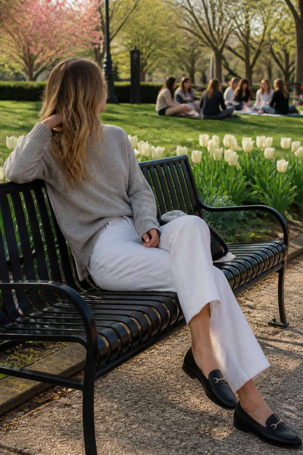 34 Spring Outfits to Copy for Warmer Weather in 2026 15 Model in a gray sweater and white jeans sitting on a park bench.