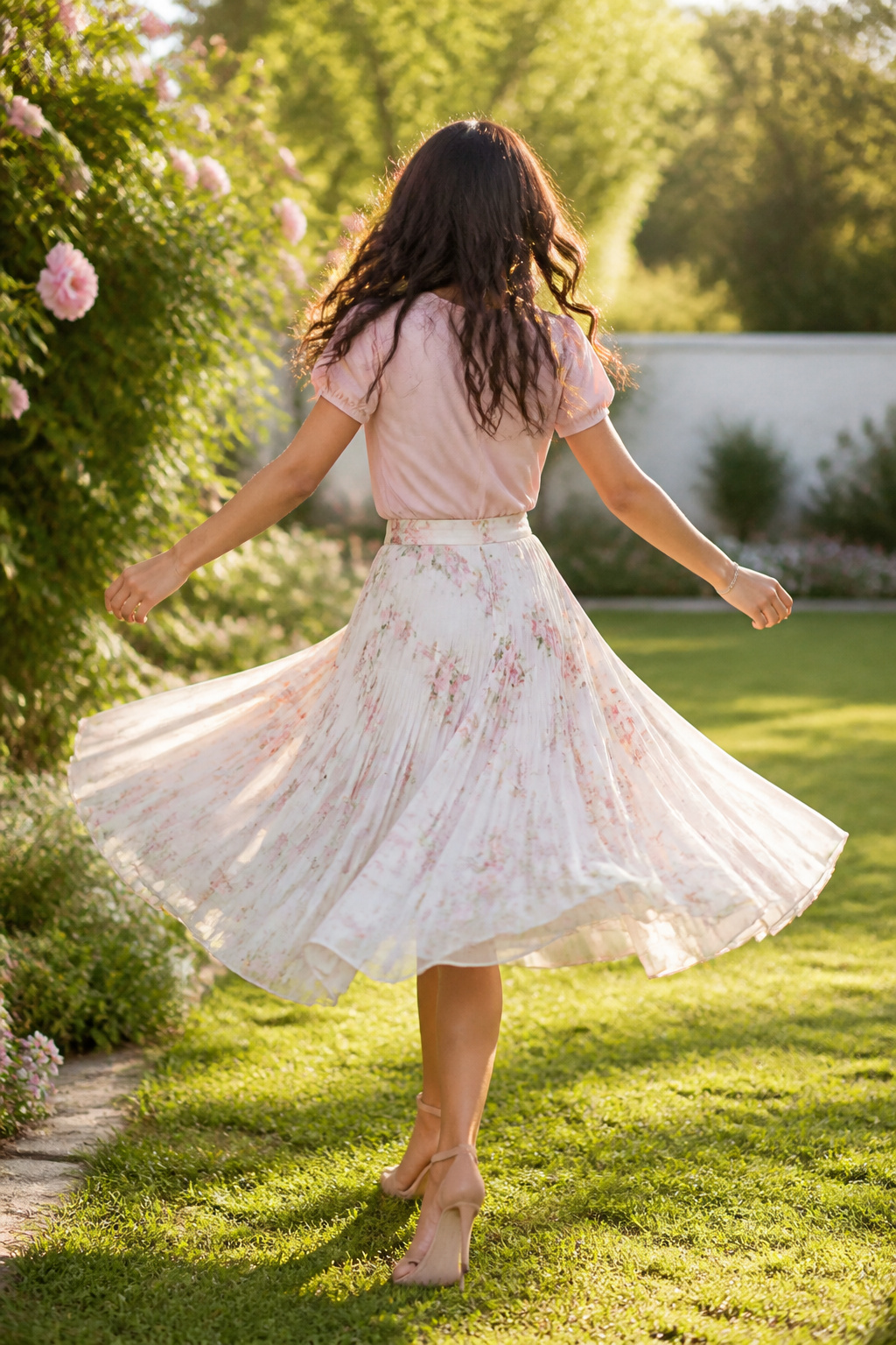34 Spring Outfits to Copy for Warmer Weather in 2026 18 Model twirling in a fitted blouse and flowy midi skirt in a garden.