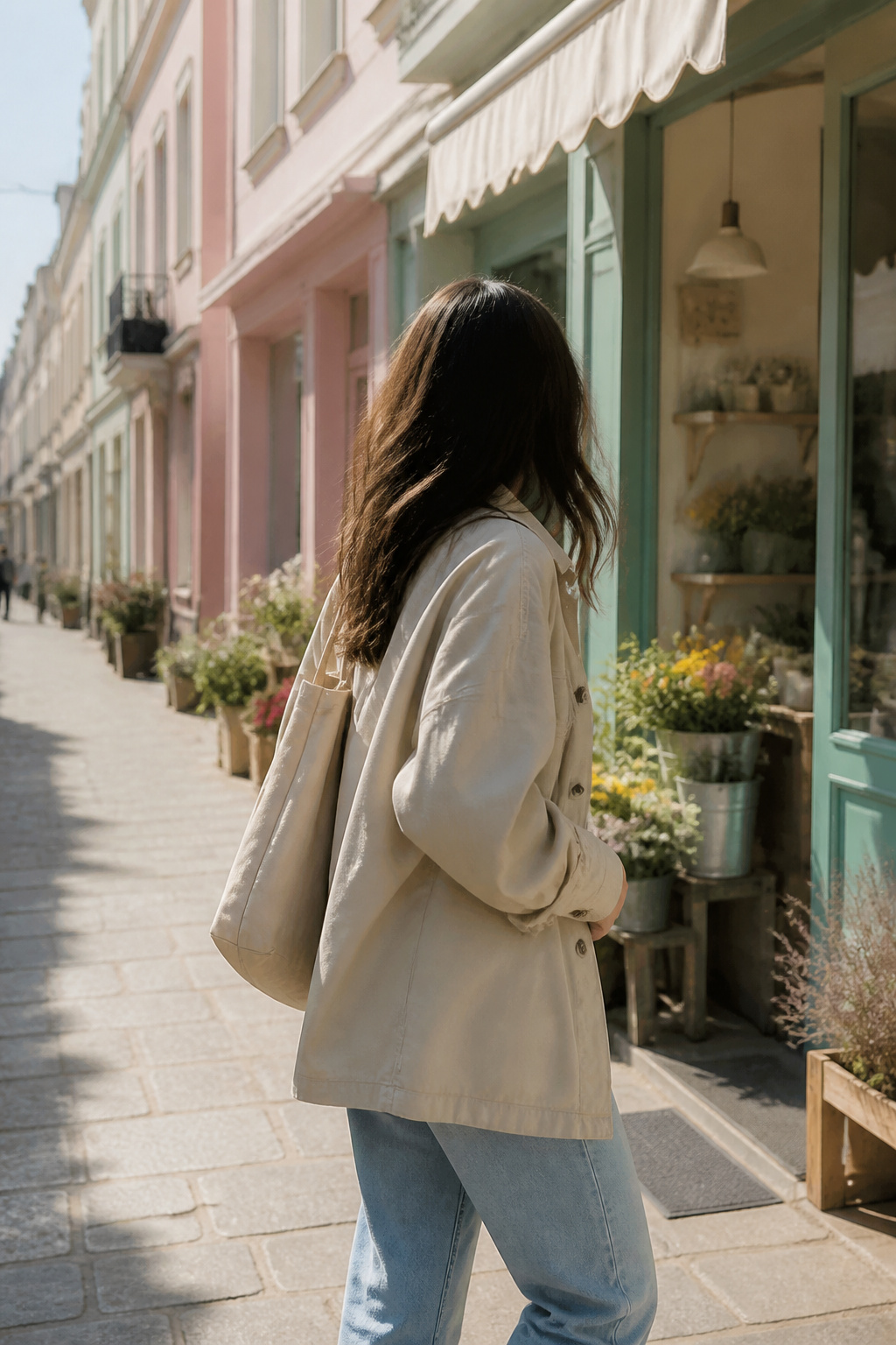 34 Spring Outfits to Copy for Warmer Weather in 2026 19 Model wearing a lightweight jacket over a shirt in an urban setting.