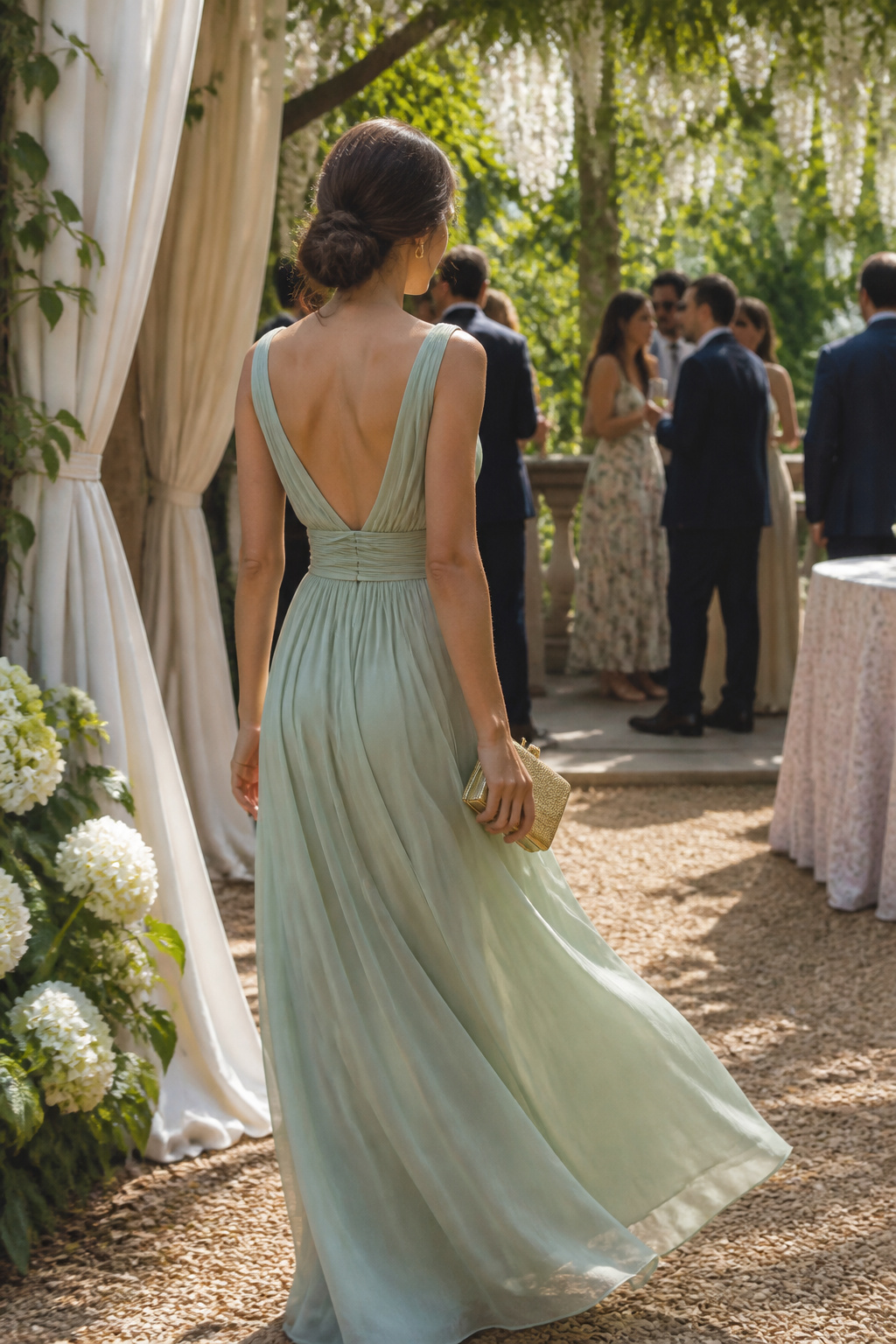 34 Spring Outfits to Copy for Warmer Weather in 2026 21 Model in a formal dress at an outdoor garden wedding.