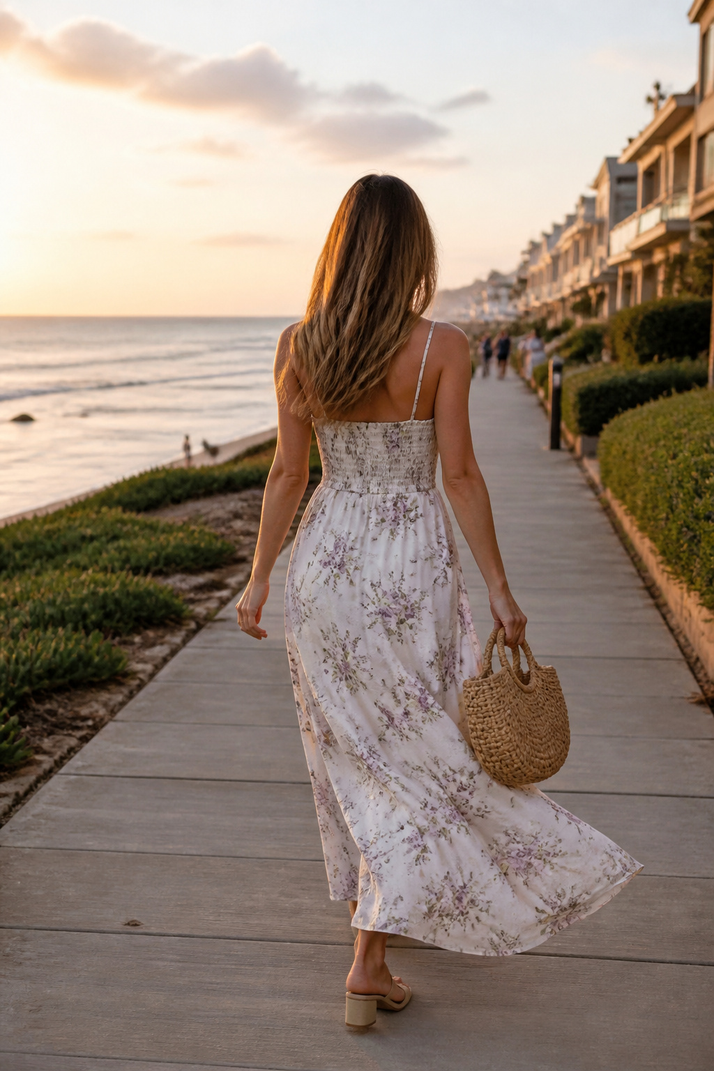 34 Spring Outfits to Copy for Warmer Weather in 2026 25 Model wearing a maxi dress on a coastal boardwalk.