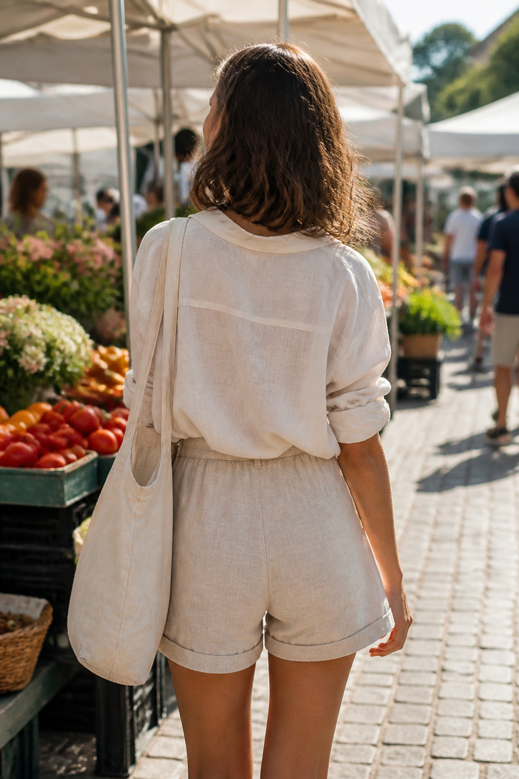 34 Spring Outfits to Copy for Warmer Weather in 2026 26 Model exploring a farmers' market in high-waisted shorts and linen shirt.