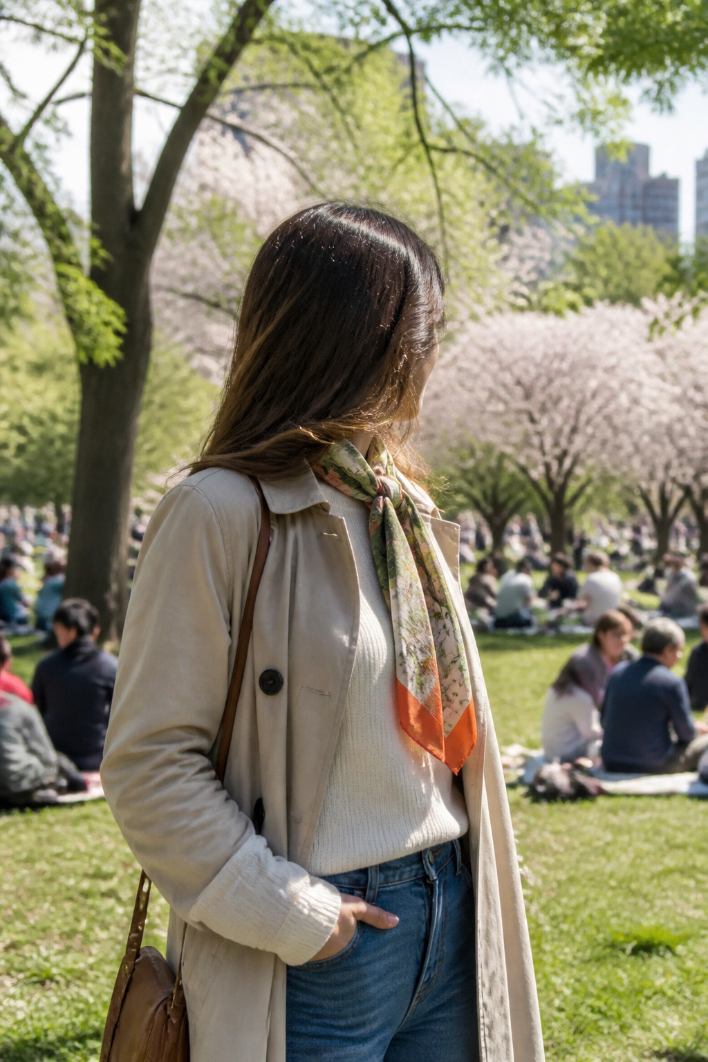 34 Spring Outfits to Copy for Warmer Weather in 2026 27 Model wearing a lightweight scarf in an urban park.