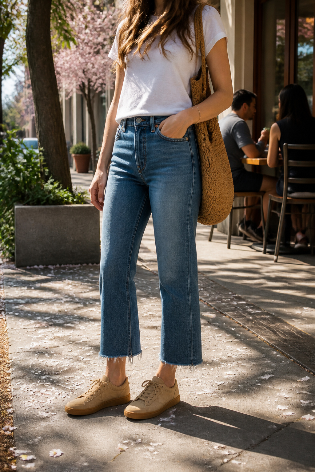 34 Spring Outfits to Copy for Warmer Weather in 2026 28 Model in tan suede sneakers with denim and a casual tee.