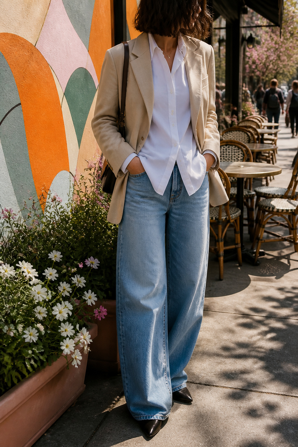 34 Spring Outfits to Copy for Warmer Weather in 2026 3 Model wearing a blazer with a button-down shirt and baggy jeans.