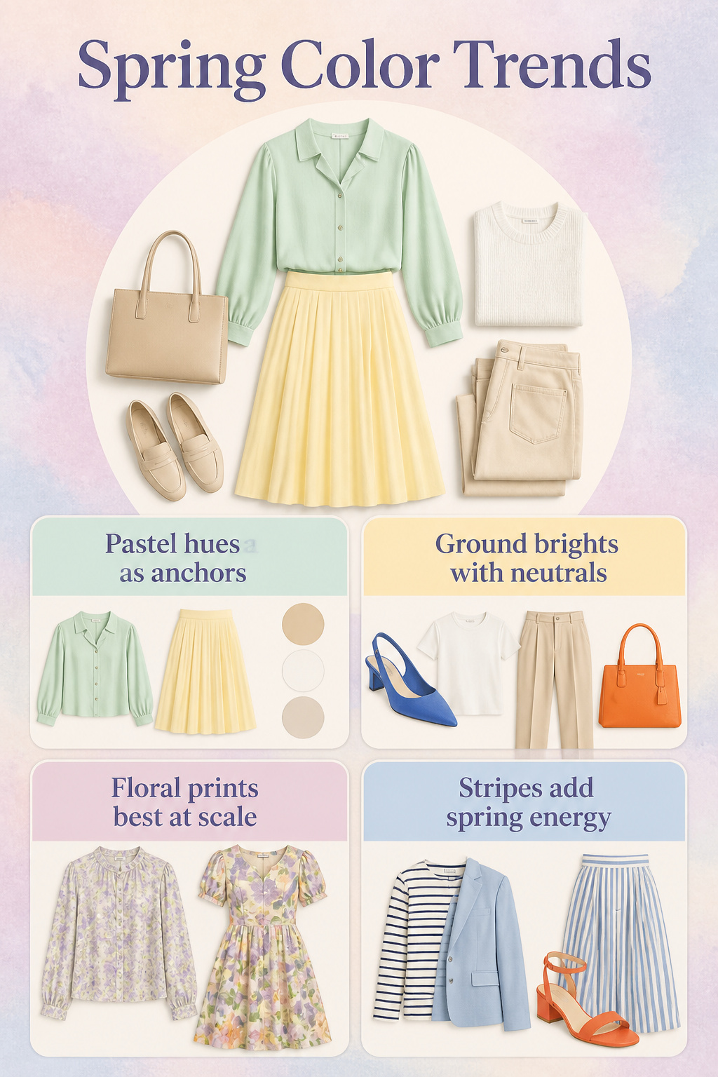 34 Spring Outfits to Copy for Warmer Weather in 2026 36 An overview of spring color trends featuring pastel hues.