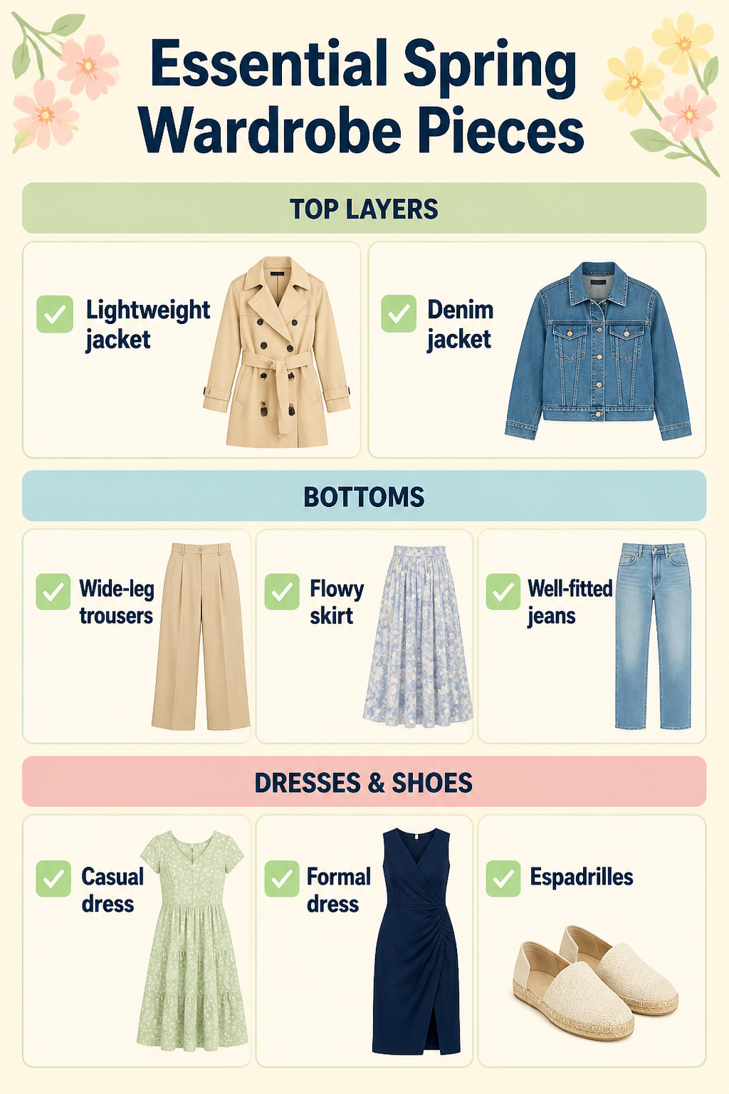 34 Spring Outfits to Copy for Warmer Weather in 2026 38 Overview of essential pieces for a spring wardrobe.