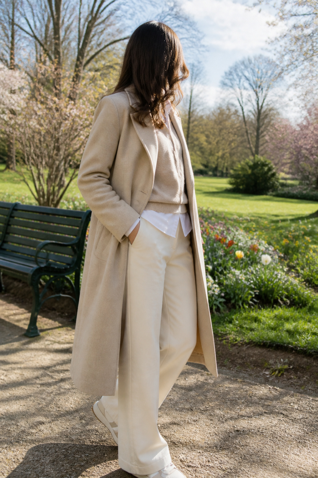 34 Spring Outfits to Copy for Warmer Weather in 2026 4 Model in a wool coat over a cashmere sweater and tee in a park.