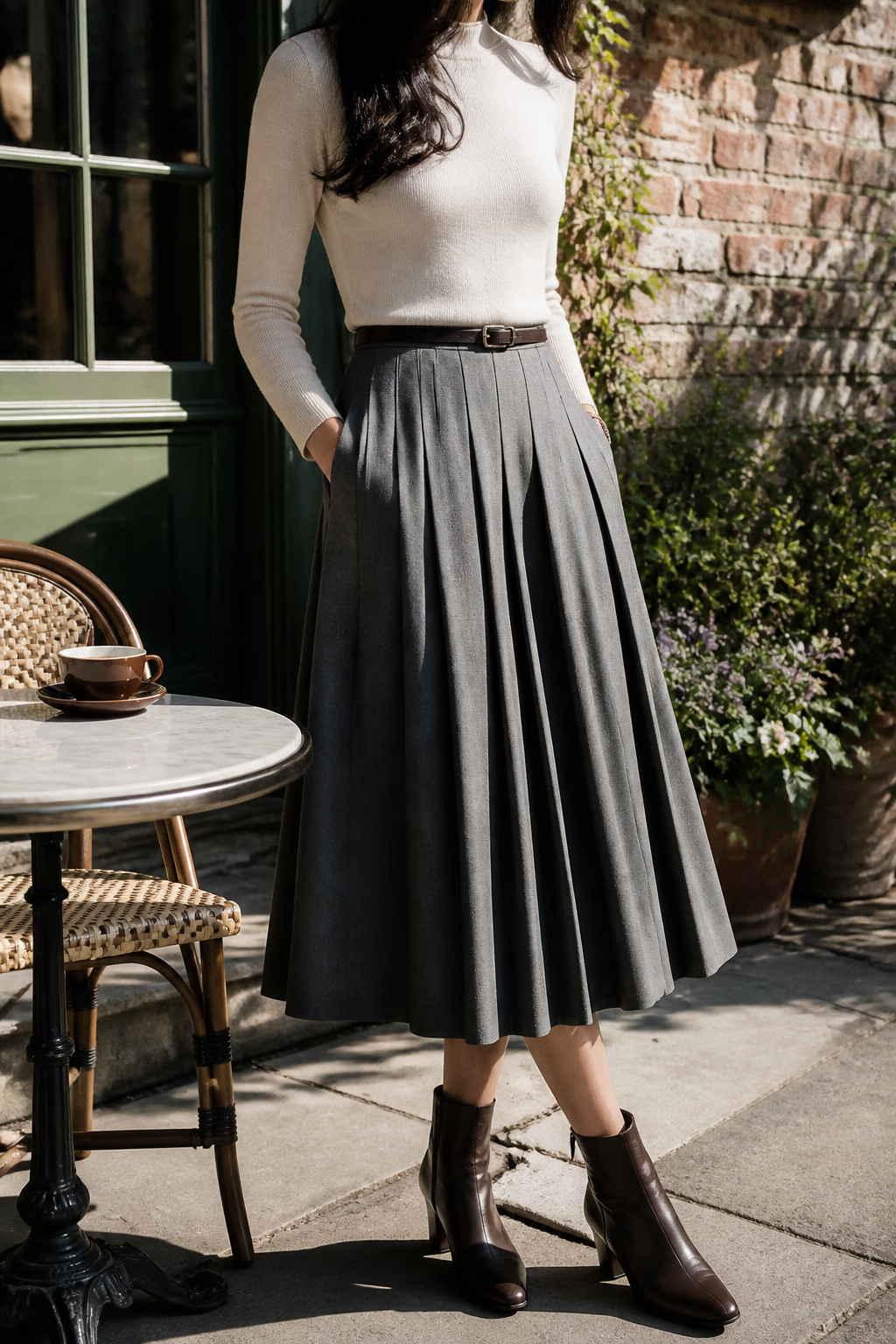 34 Spring Outfits to Copy for Warmer Weather in 2026 6 Model wearing a sweater belted over a pleated wool midi skirt.