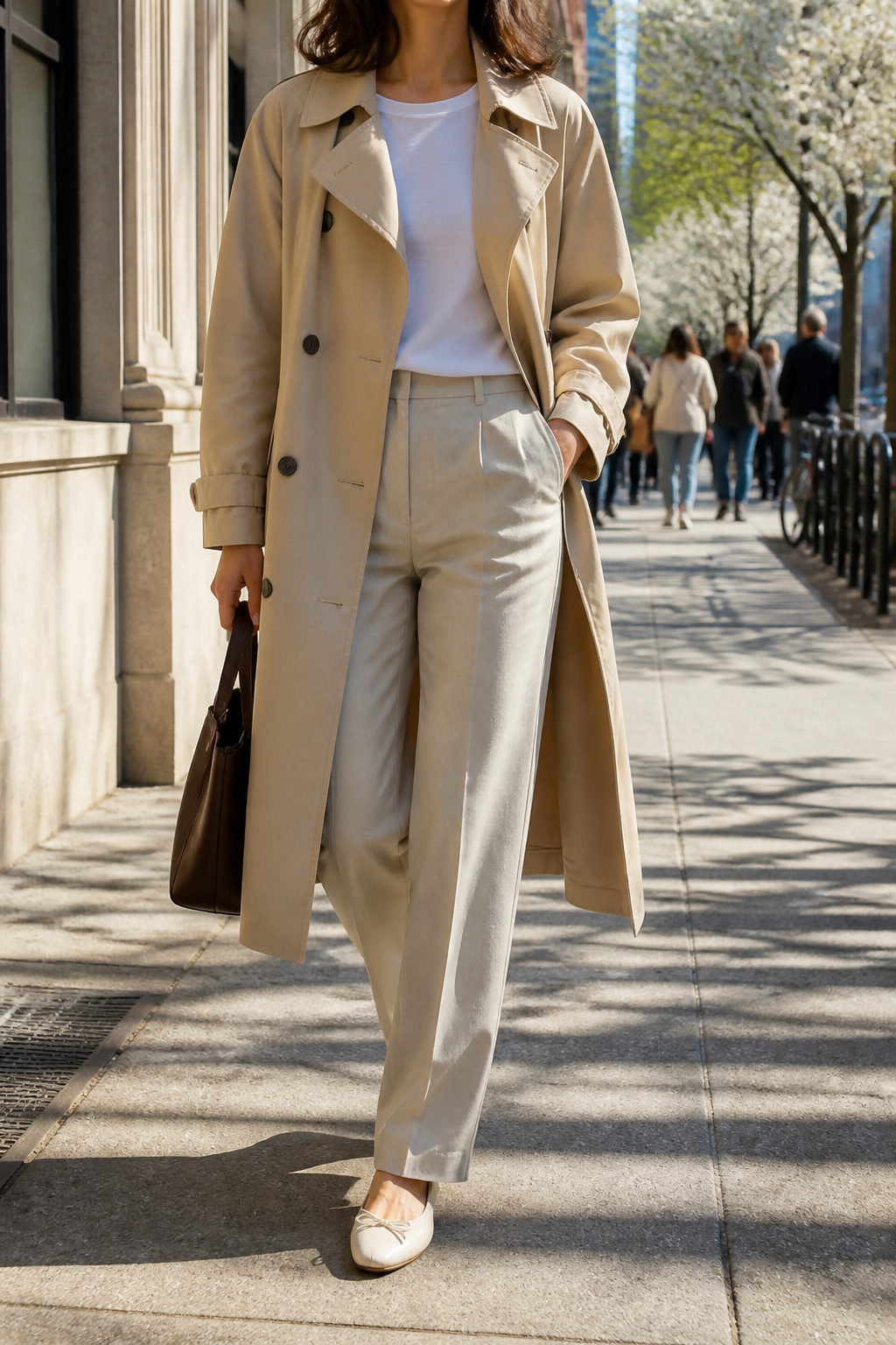 34 Spring Outfits to Copy for Warmer Weather in 2026 7 Model in a trench coat with a tee and tailored pants on a sidewalk.