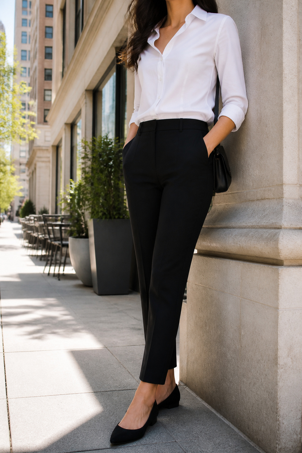 34 Spring Outfits to Copy for Warmer Weather in 2026 9 Model in a white button-down shirt with black pants and flats.
