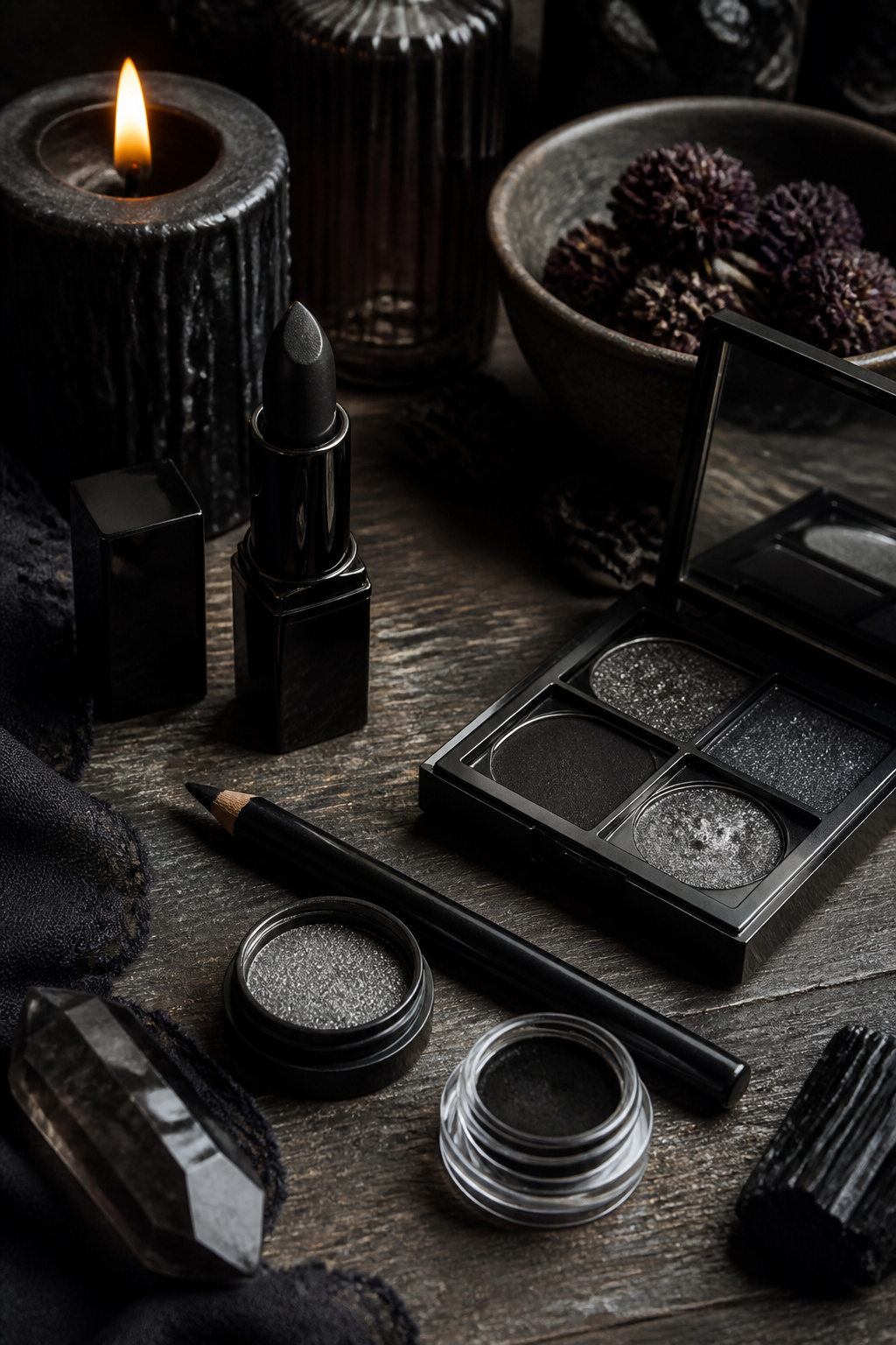Witch Makeup Halloween Ideas for 2026: 15 Styles 1 Gothic witch makeup items including black lipstick and smoky eyeliner.