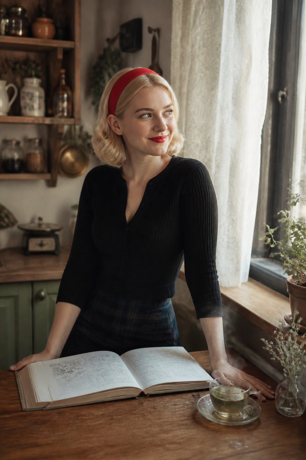 Witch Makeup Halloween Ideas for 2026: 15 Styles 10 Model resembling Sabrina Spellman with a red headband and lipstick.