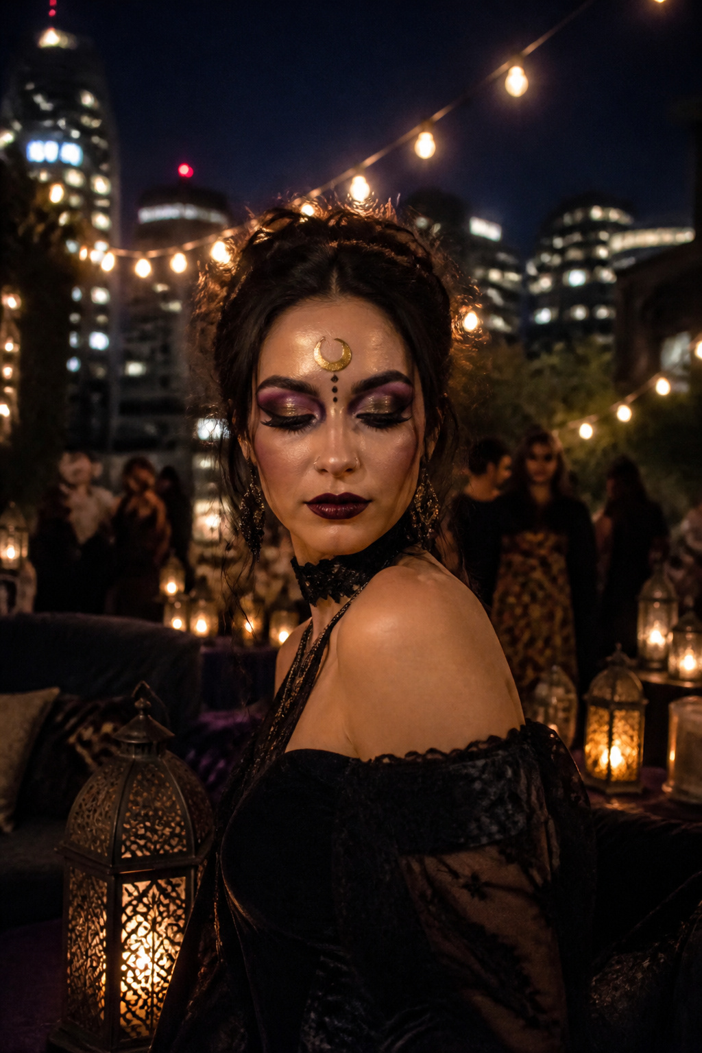 Witch Makeup Halloween Ideas for 2026: 15 Styles 11 Model with dramatic eyeshadow and crescent moon design on her forehead.